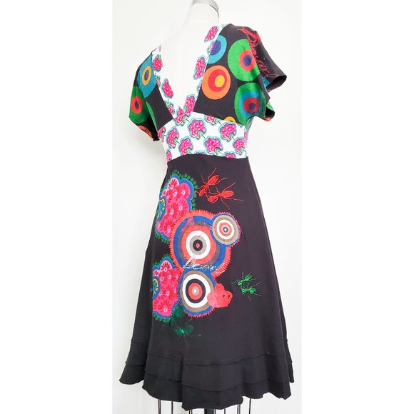Desigual Womens JOHANNA Cotton Jersey Dress Colorful Print  Embroidered Ants M - Picture 3 of 13